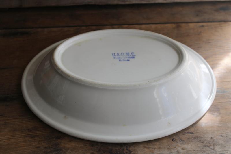 photo of vintage US Army white ironstone china bowl, oval serving dish USQMC mark #5