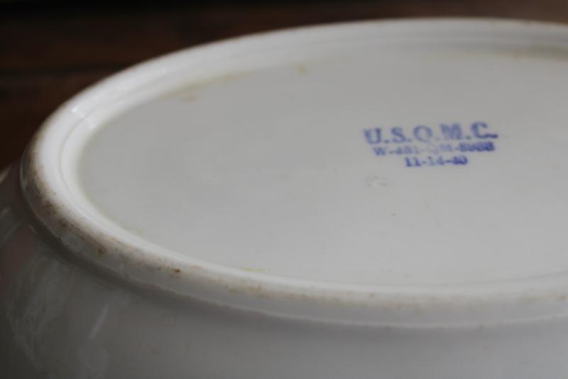 photo of vintage US Army white ironstone china bowl, oval serving dish USQMC mark #6