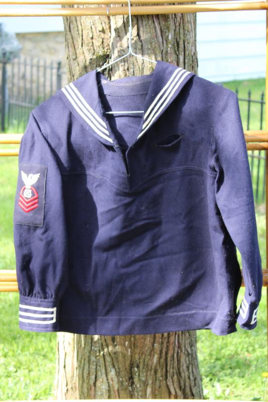 photo of vintage US Navy uniform jumper blue wool w/ patch, cracker jack sailor suit #1