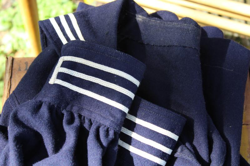 photo of vintage US Navy uniform jumper blue wool w/ patch, cracker jack sailor suit #5