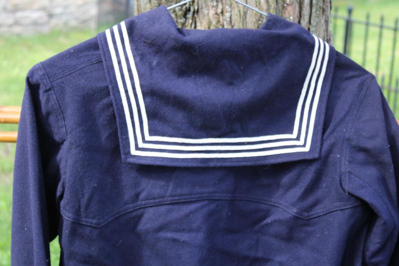 photo of vintage US Navy uniform jumper blue wool w/ patch, cracker jack sailor suit #12