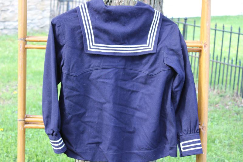 photo of vintage US Navy uniform jumper blue wool w/ patch, cracker jack sailor suit #13