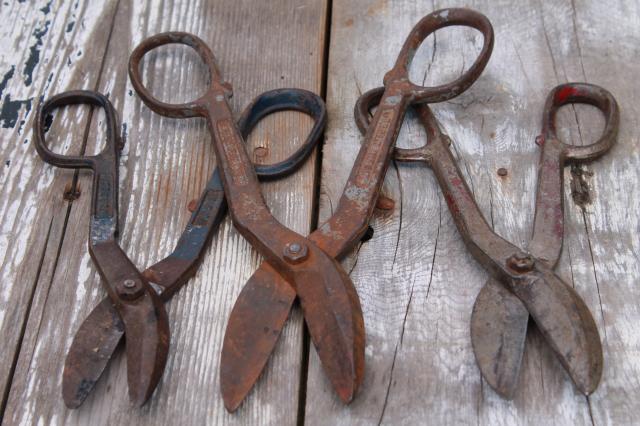photo of vintage USA made forged steel metal shears & tin snips, industrial metalworking tools #5