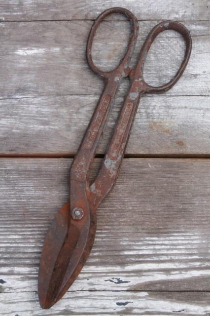 photo of vintage USA made forged steel metal shears & tin snips, industrial metalworking tools #11