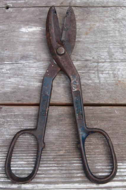 photo of vintage USA made forged steel metal shears & tin snips, industrial metalworking tools #12