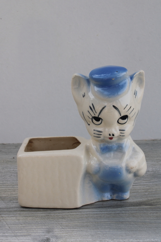 photo of vintage USA pottery baby planter, boy kitty w/ long whiskers, blue overalls & cap #1