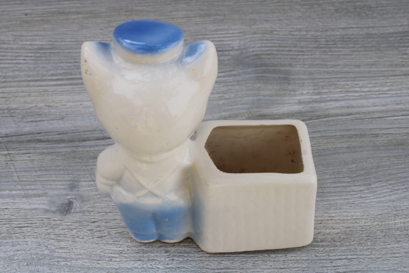 photo of vintage USA pottery baby planter, boy kitty w/ long whiskers, blue overalls & cap #3