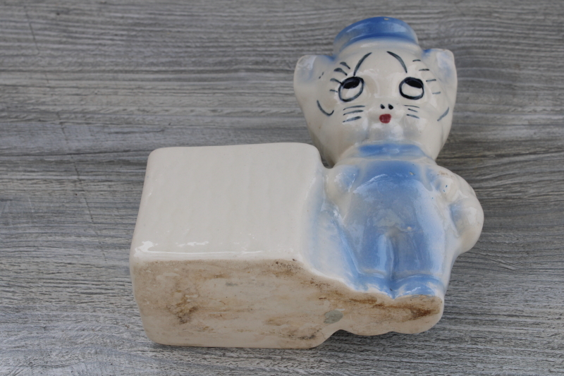 photo of vintage USA pottery baby planter, boy kitty w/ long whiskers, blue overalls & cap #5