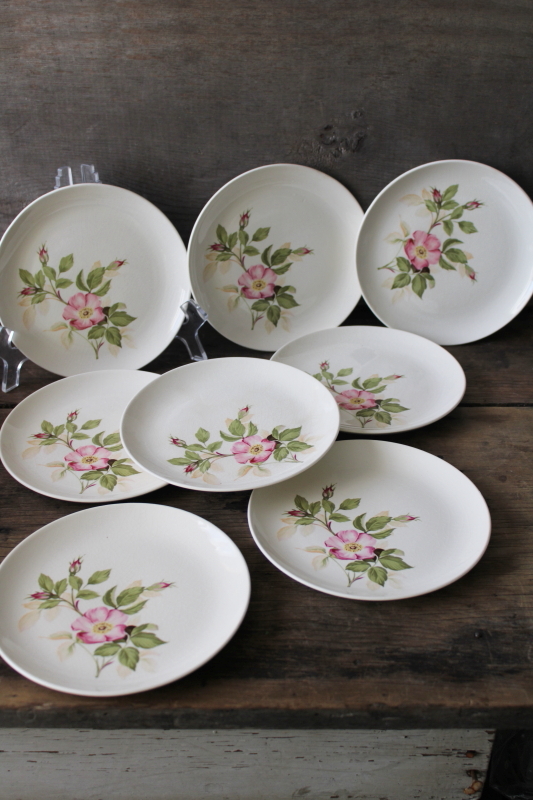 photo of vintage USA pottery bread or dessert plates, pink wild roses floral china #1