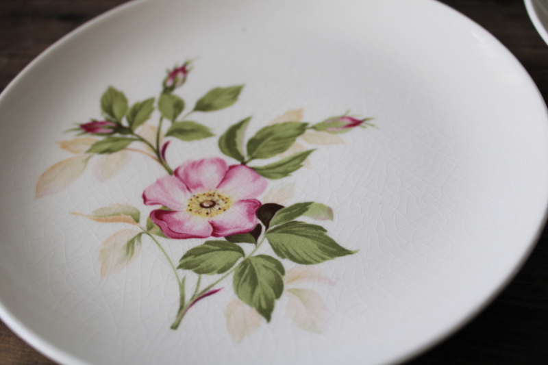 photo of vintage USA pottery bread or dessert plates, pink wild roses floral china #2