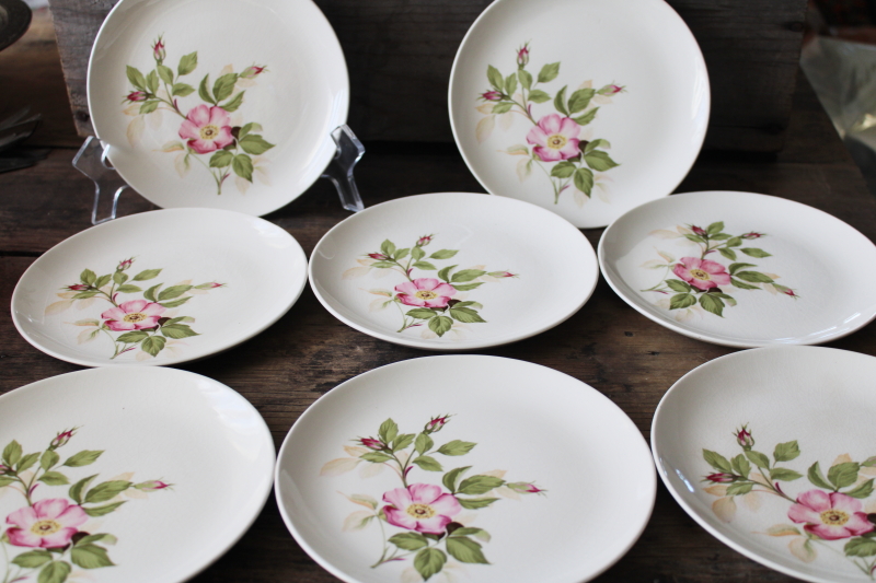 photo of vintage USA pottery bread or dessert plates, pink wild roses floral china #5