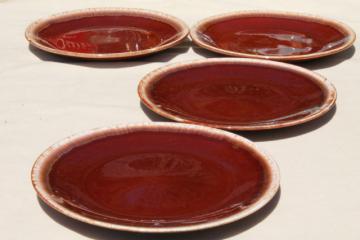 catalog photo of vintage USA pottery, brown drip glaze dinner plates lot of 4