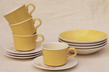 catalog photo of vintage USA pottery, china cups & saucers and bowls, boutonniere yellow cornflower