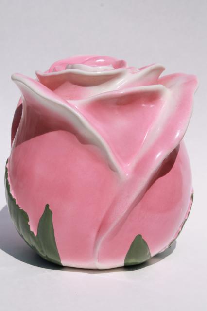 photo of vintage USA pottery cookie jar, giant rosebud - pink rose ceramic canister #1