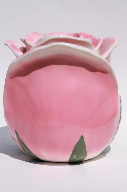 photo of vintage USA pottery cookie jar, giant rosebud - pink rose ceramic canister #3