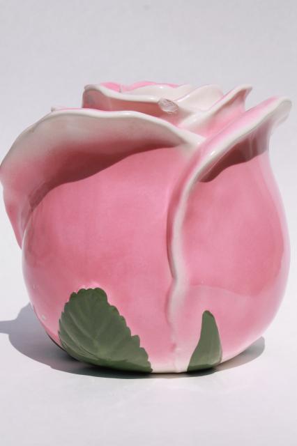 photo of vintage USA pottery cookie jar, giant rosebud - pink rose ceramic canister #4