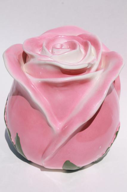 photo of vintage USA pottery cookie jar, giant rosebud - pink rose ceramic canister #5