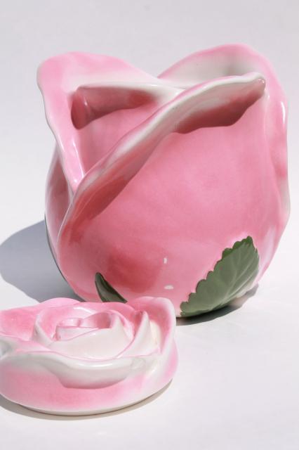 photo of vintage USA pottery cookie jar, giant rosebud - pink rose ceramic canister #6