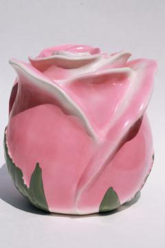 catalog photo of vintage USA pottery cookie jar, giant rosebud - pink rose ceramic canister