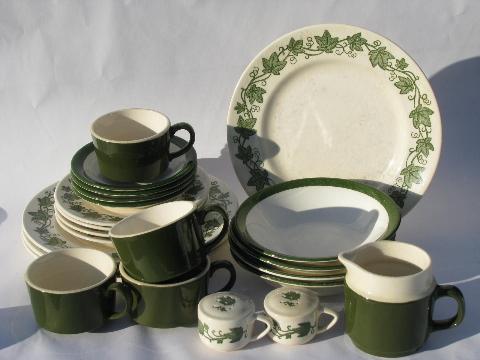 photo of vintage USA pottery dinnerware set for 4, green ivy border dishes #1