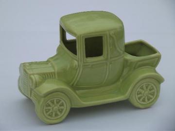 catalog photo of vintage USA pottery flower pot planter, old green Ford farm truck!