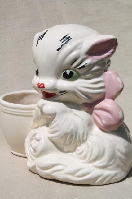 photo of vintage USA pottery hand painted ceramic kitty, big wide eyed kitten w/ pink bow & planter pot #1