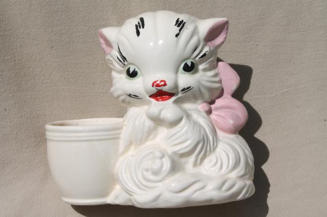 photo of vintage USA pottery hand painted ceramic kitty, big wide eyed kitten w/ pink bow & planter pot #2