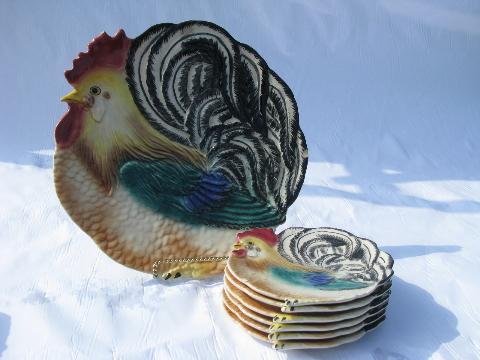 photo of vintage USA pottery hand-painted rooster chicken cake or serving plate, 6 small plates #1