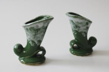 catalog photo of vintage USA pottery, pair of mini horn shaped ceramic vases mid century dime store