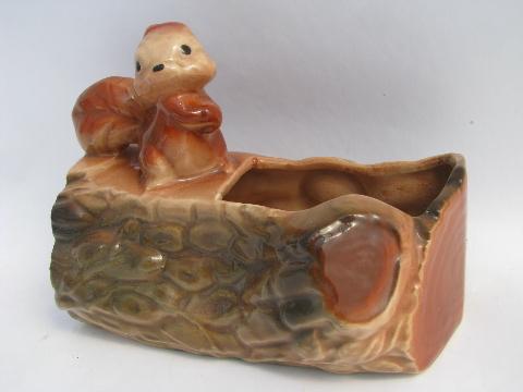 photo of vintage USA pottery planter, small brown squirrel on woodland log #1