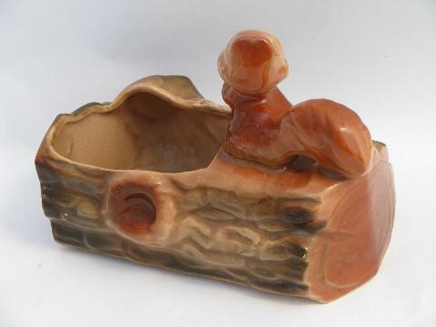 photo of vintage USA pottery planter, small brown squirrel on woodland log #3