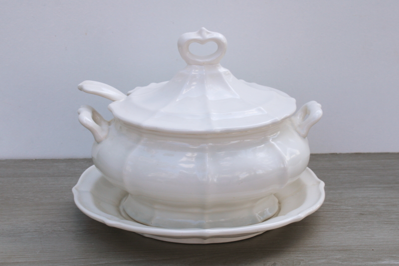 photo of vintage USA pottery soup tureen w/ lid, underplate, ladle white ironstone look ceramic #1