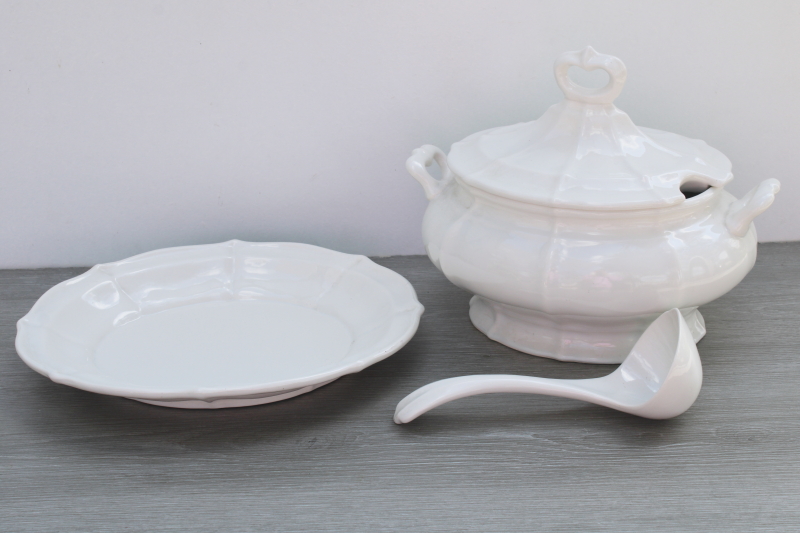 photo of vintage USA pottery soup tureen w/ lid, underplate, ladle white ironstone look ceramic #2