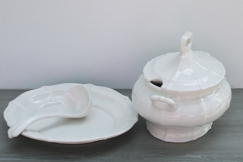 photo of vintage USA pottery soup tureen w/ lid, underplate, ladle white ironstone look ceramic #4