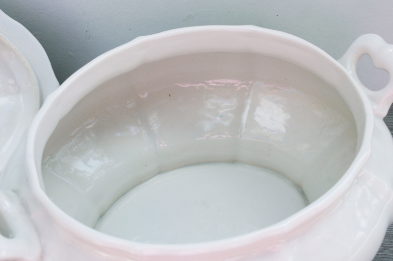 photo of vintage USA pottery soup tureen w/ lid, underplate, ladle white ironstone look ceramic #6