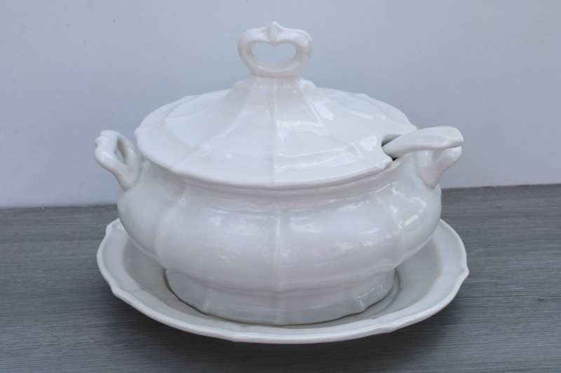 photo of vintage USA pottery soup tureen w/ lid, underplate, ladle white ironstone look ceramic #9