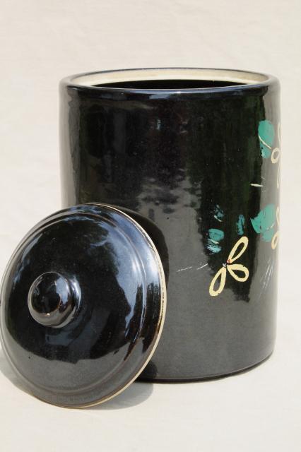 photo of vintage USA pottery stoneware crock cookie jar, glossy black w/ folk art flowers #2