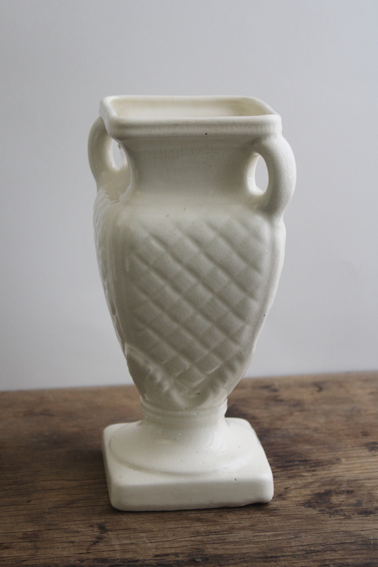 photo of vintage USA pottery vase ivory white glaze, quilted pattern squared urn shape w/ tiny handles #1