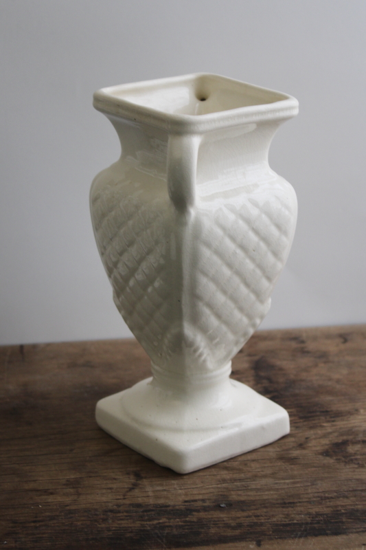 photo of vintage USA pottery vase ivory white glaze, quilted pattern squared urn shape w/ tiny handles #2