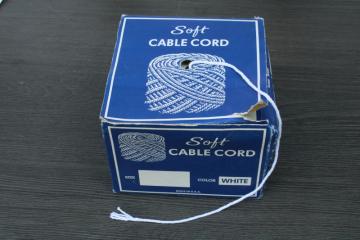 catalog photo of vintage USA soft cable cord in original box, big roll of white cotton package tying twine 