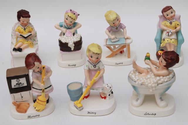 photo of vintage Ucagco Japan hand painted ceramic figurines Days of the Week housework girls #1