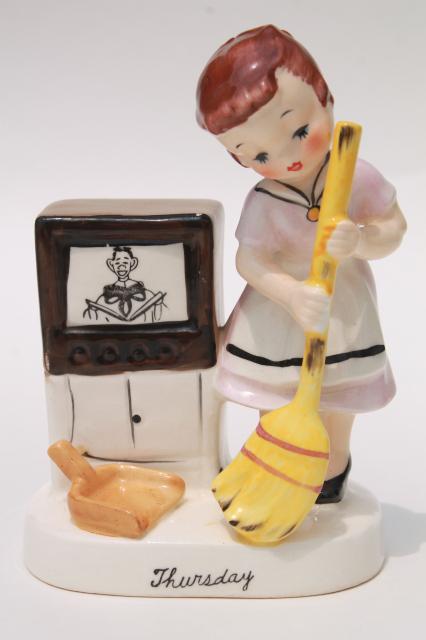 photo of vintage Ucagco Japan hand painted ceramic figurines Days of the Week housework girls #2