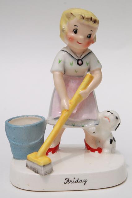 photo of vintage Ucagco Japan hand painted ceramic figurines Days of the Week housework girls #3