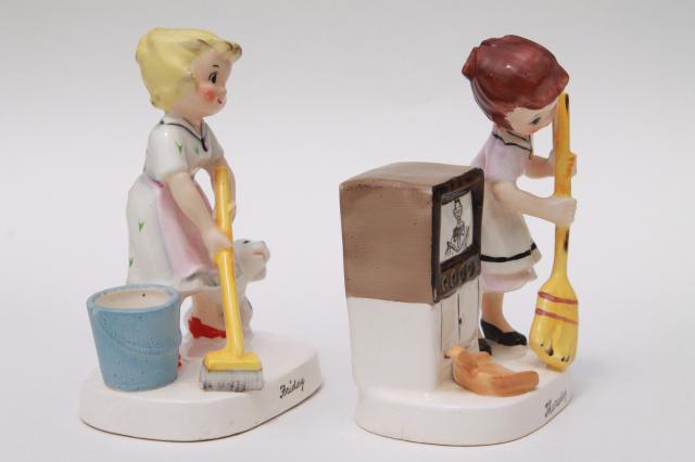 photo of vintage Ucagco Japan hand painted ceramic figurines Days of the Week housework girls #4