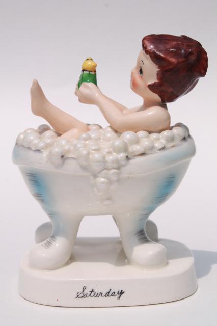 photo of vintage Ucagco Japan hand painted ceramic figurines Days of the Week housework girls #6