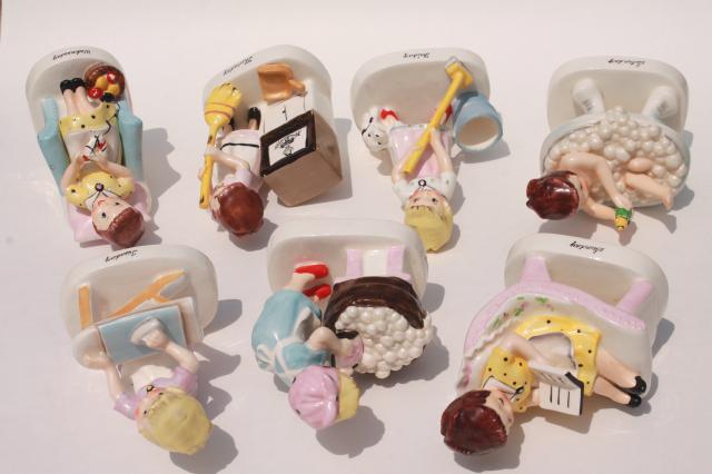 photo of vintage Ucagco Japan hand painted ceramic figurines Days of the Week housework girls #10