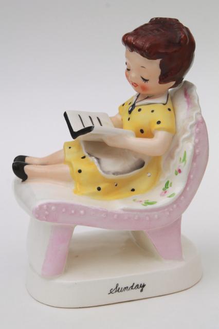 photo of vintage Ucagco Japan hand painted ceramic figurines Days of the Week housework girls #12