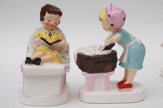 photo of vintage Ucagco Japan hand painted ceramic figurines Days of the Week housework girls #14