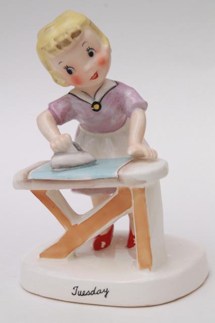 photo of vintage Ucagco Japan hand painted ceramic figurines Days of the Week housework girls #16