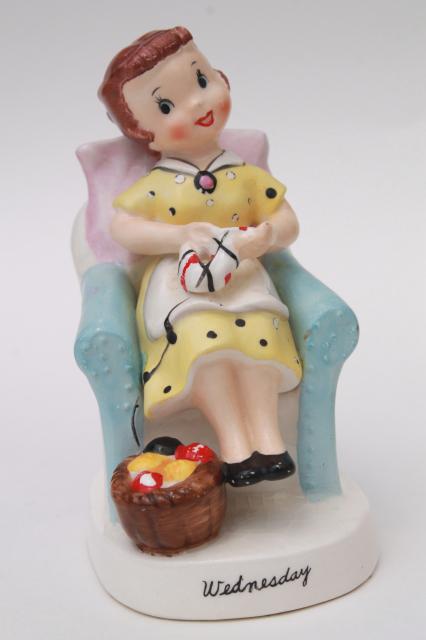 photo of vintage Ucagco Japan hand painted ceramic figurines Days of the Week housework girls #17